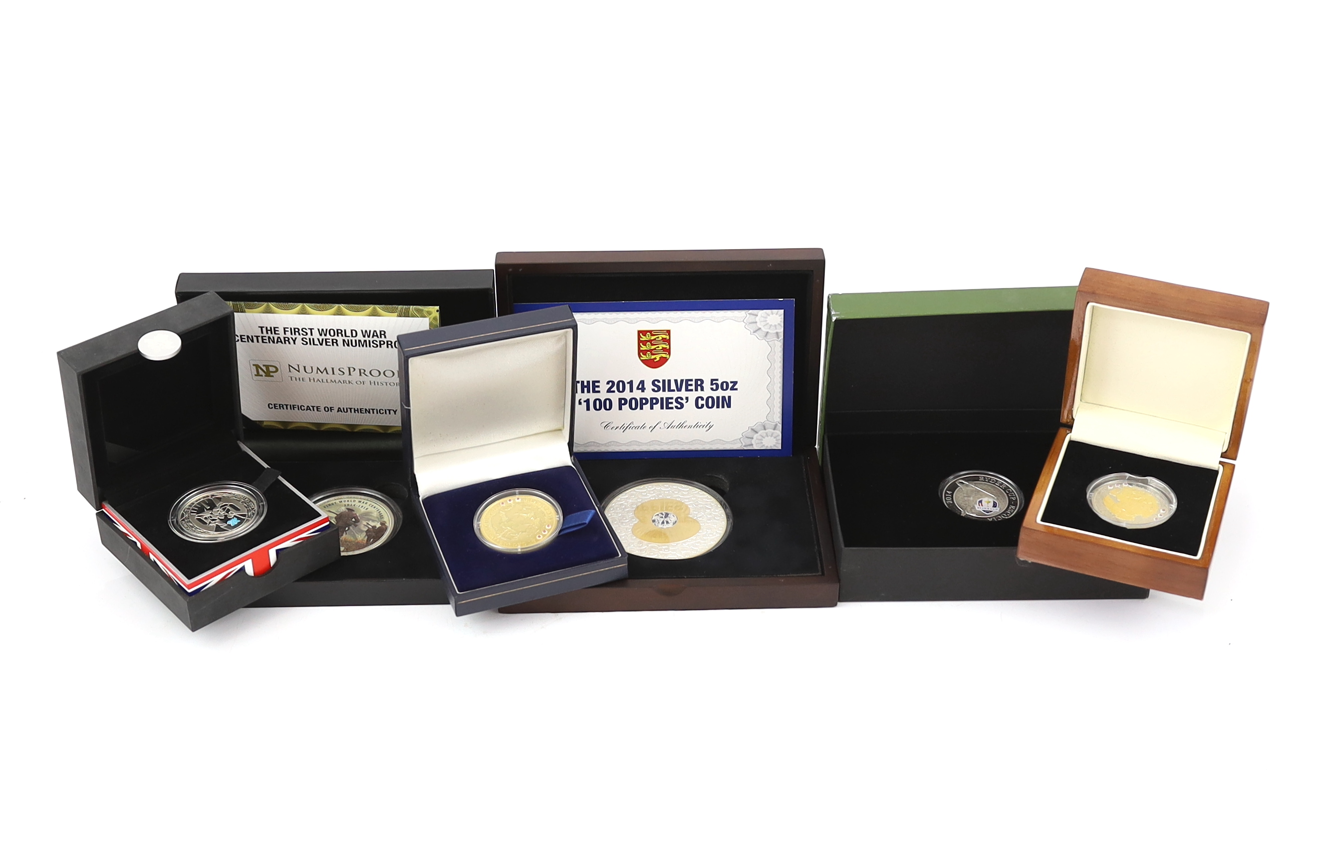 QEII and modern commemorative proof silver coins - Jersey 2014 2oz. ‘100 poppies’ coin, the First World War Centenary 2oz. numisproof, two London Mint 2009 Tristan de Cunha £5 coins, Royal Mint 2009 countdown XXX Olympia